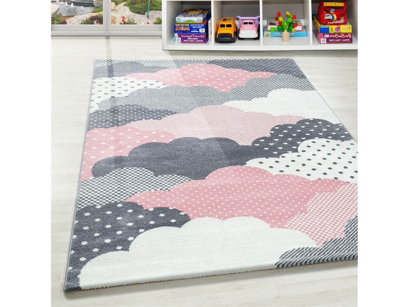 Kinderteppich Baby Teppich Kinderzimmer Wolken-Motiv Pink Grau Weiß Farben