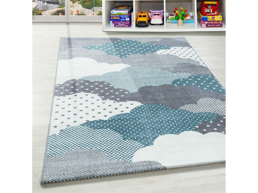 Kinderteppich Baby Teppich Kinderzimmer Wolken-Motiv Blau Grau Weiß Farben