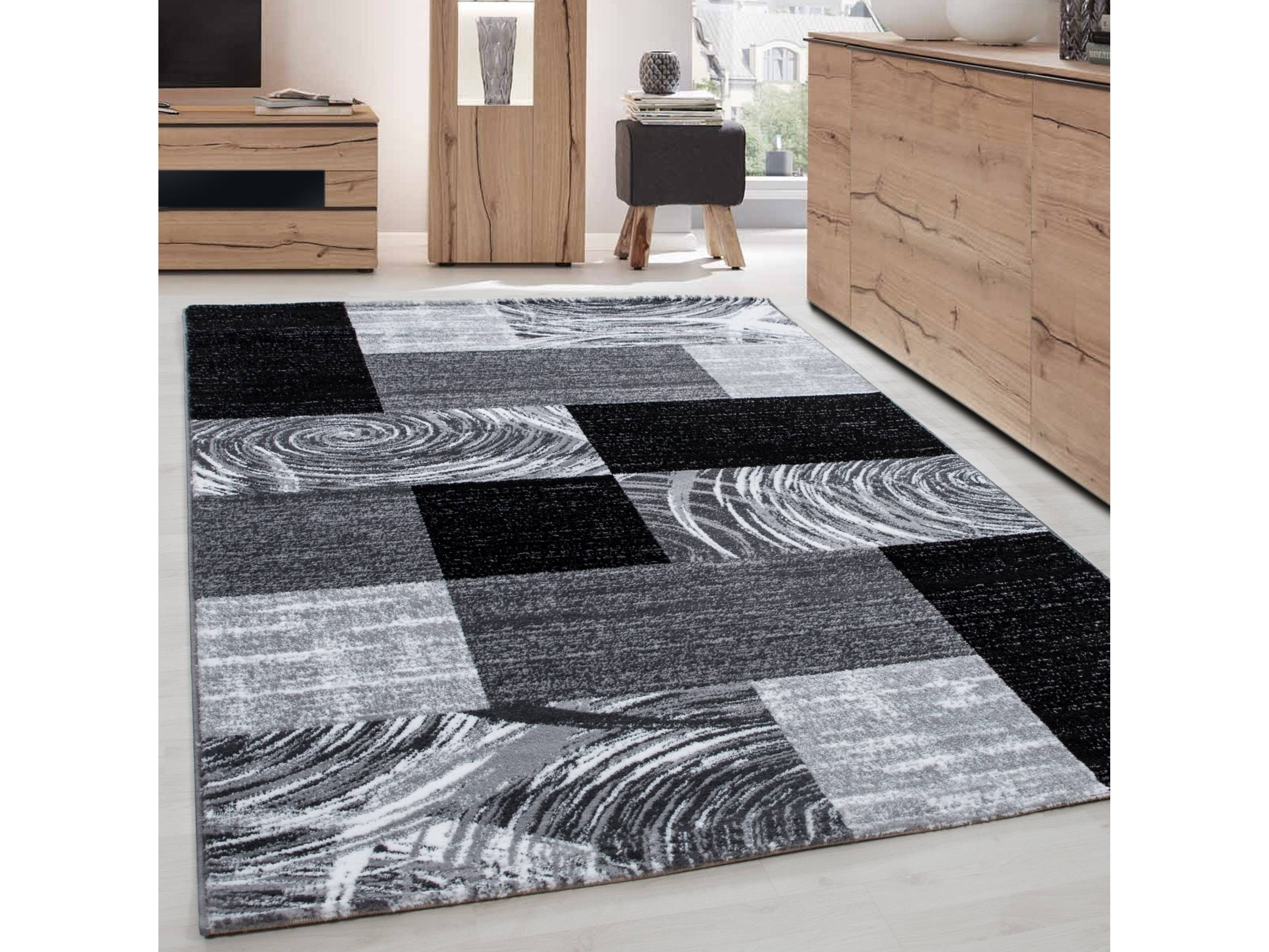 Teppich Modern Designer Wohnzimmer Geometrisch Kariert Muster Schwarz Grau Weiss