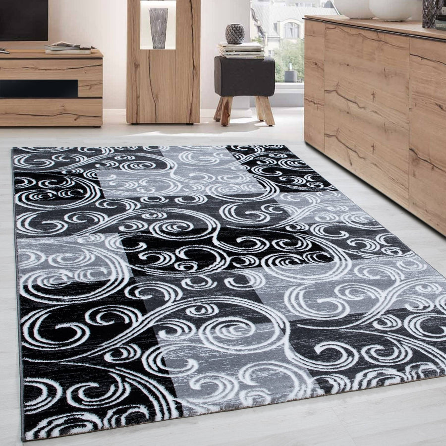 Modern designer baroque rug with checkered pattern, mottled black, grey, and white