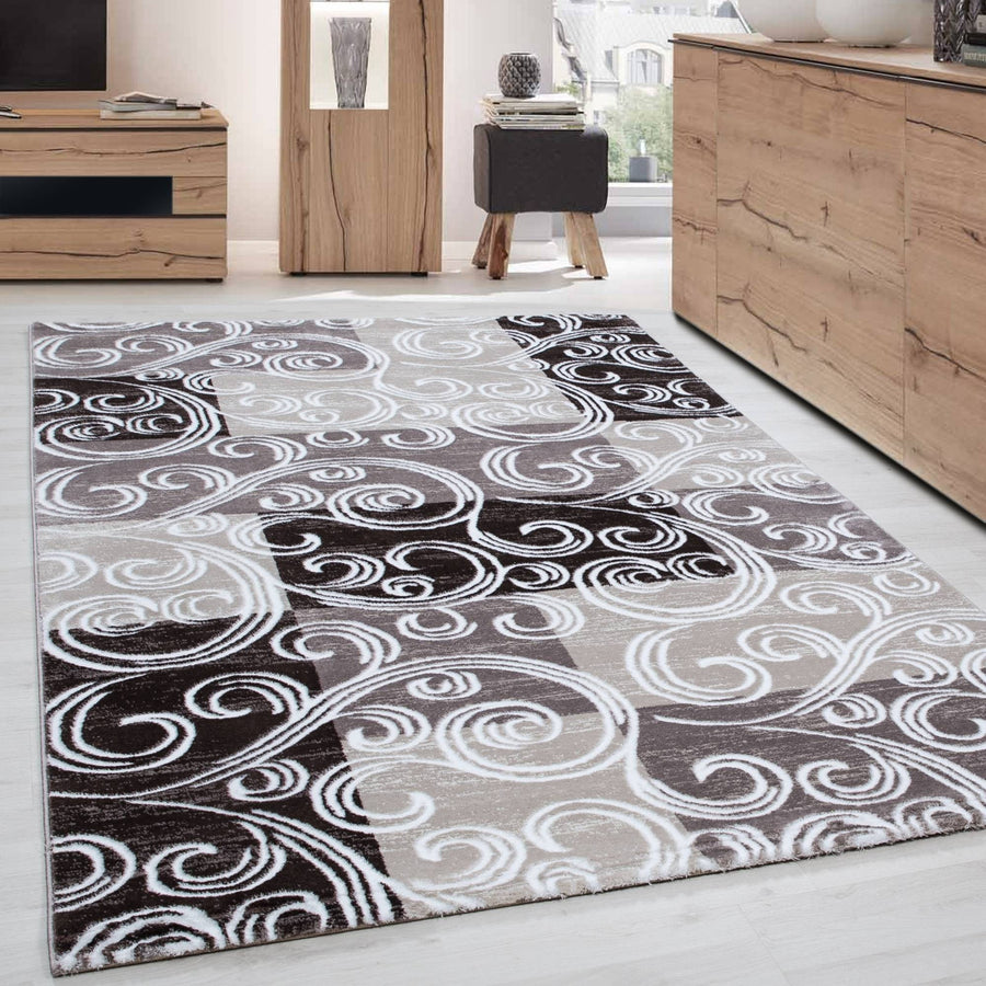 Modern designer baroque rug with checkered pattern, mottled brown, beige, and cream