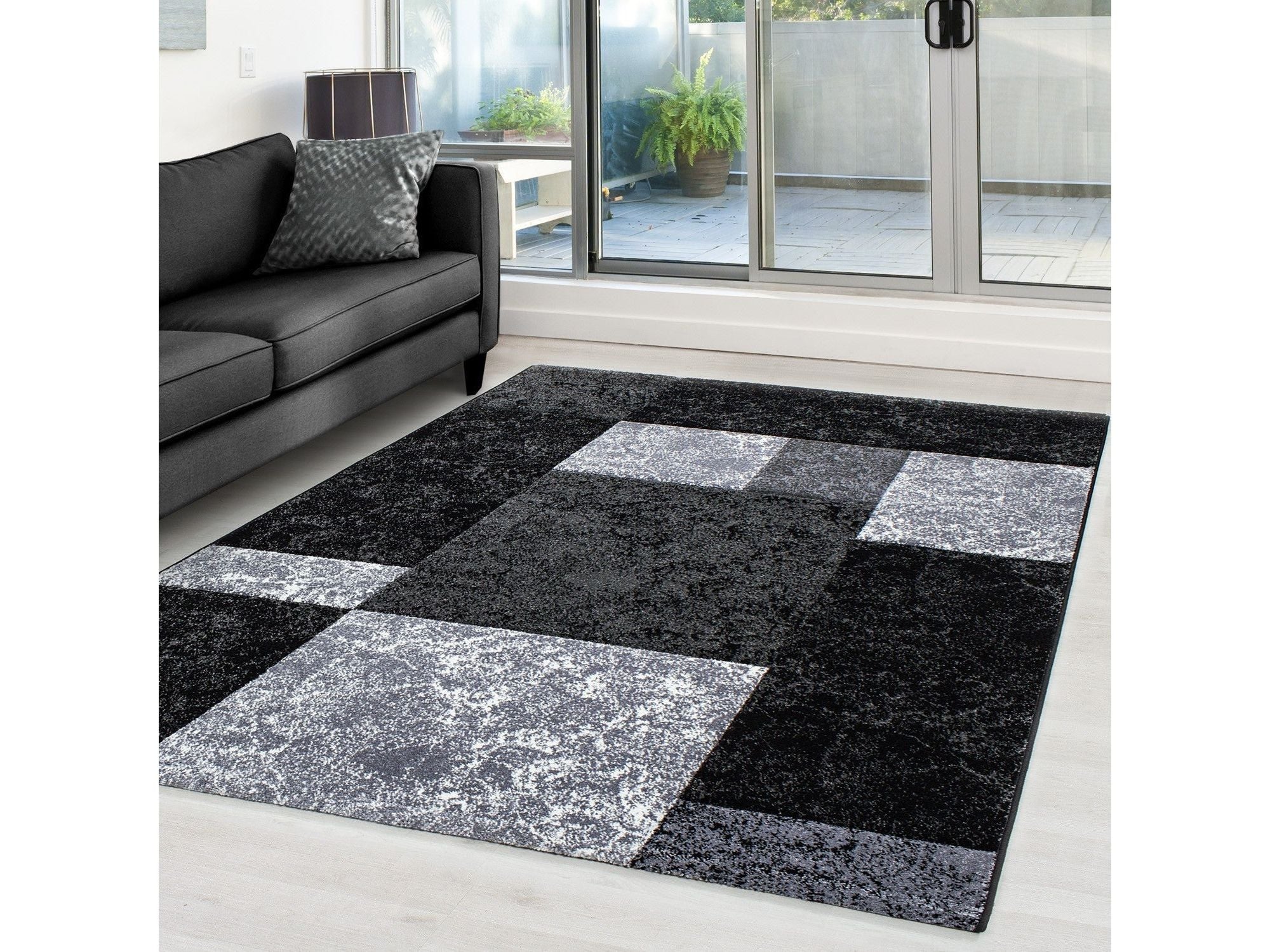 Designer Teppich Modern Kariert Muster Meliert Konturenschnitt Schwarz Grau Weiß