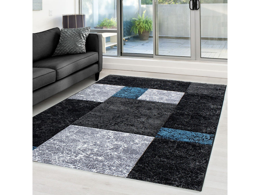 Designer Teppich Modern Kariert Muster Konturenschnitt Schwarz Grau Turkis