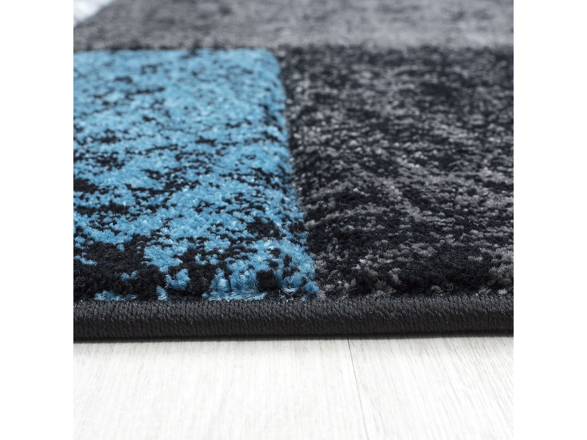 Designer Teppich Modern Kariert Muster Konturenschnitt Schwarz Grau Turkis