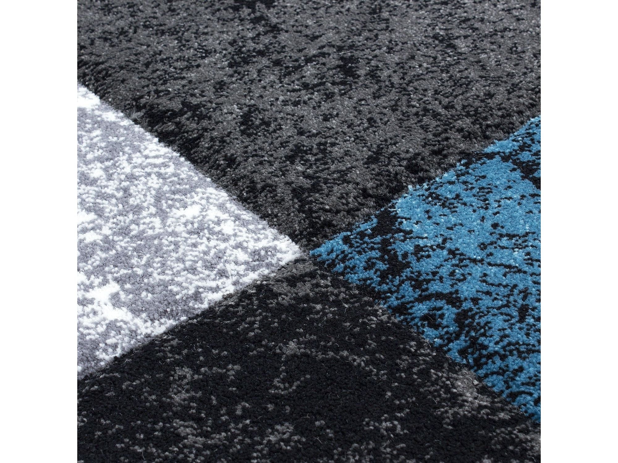 Designer Teppich Modern Kariert Muster Konturenschnitt Schwarz Grau Turkis