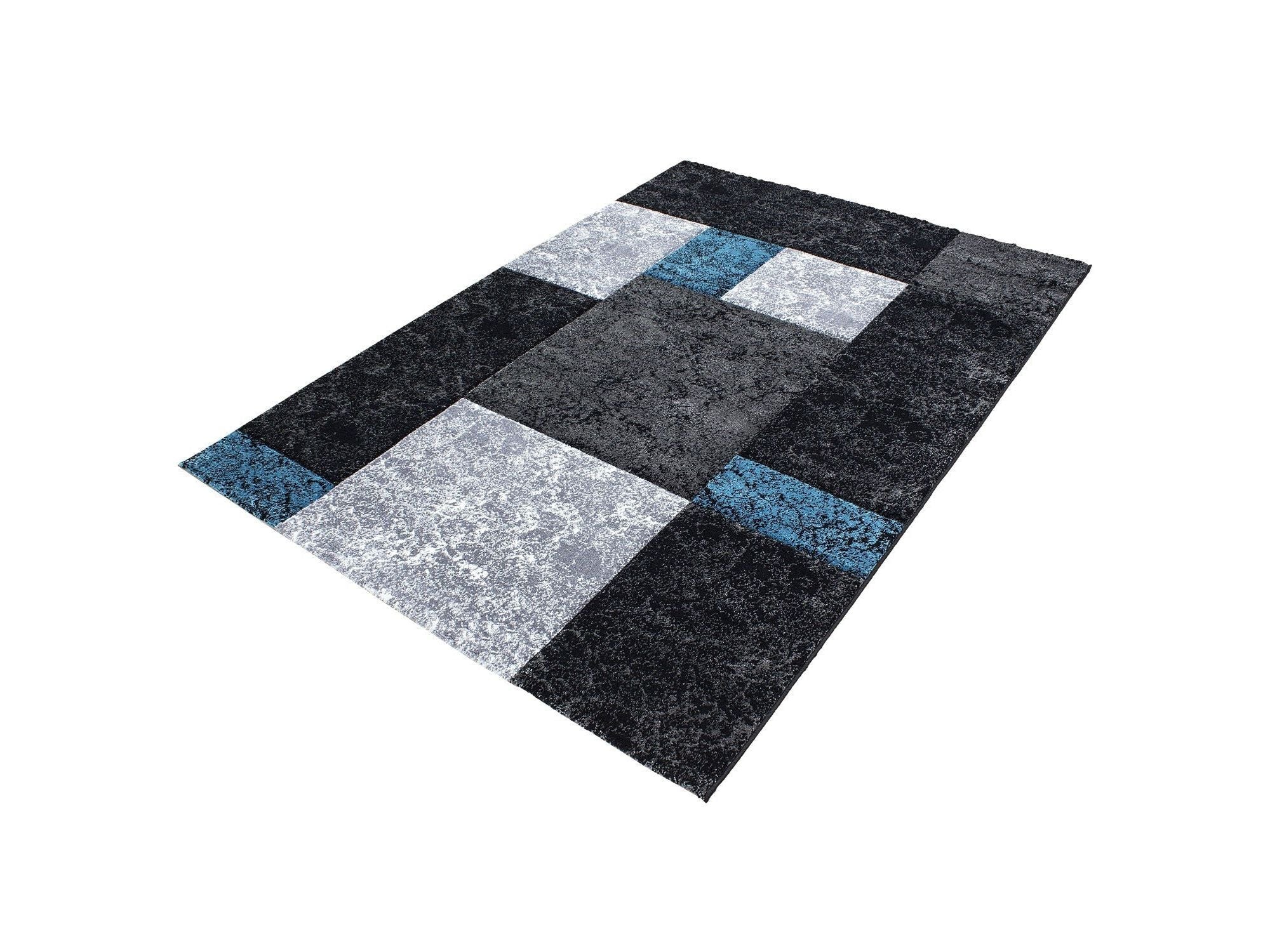Designer Teppich Modern Kariert Muster Konturenschnitt Schwarz Grau Turkis