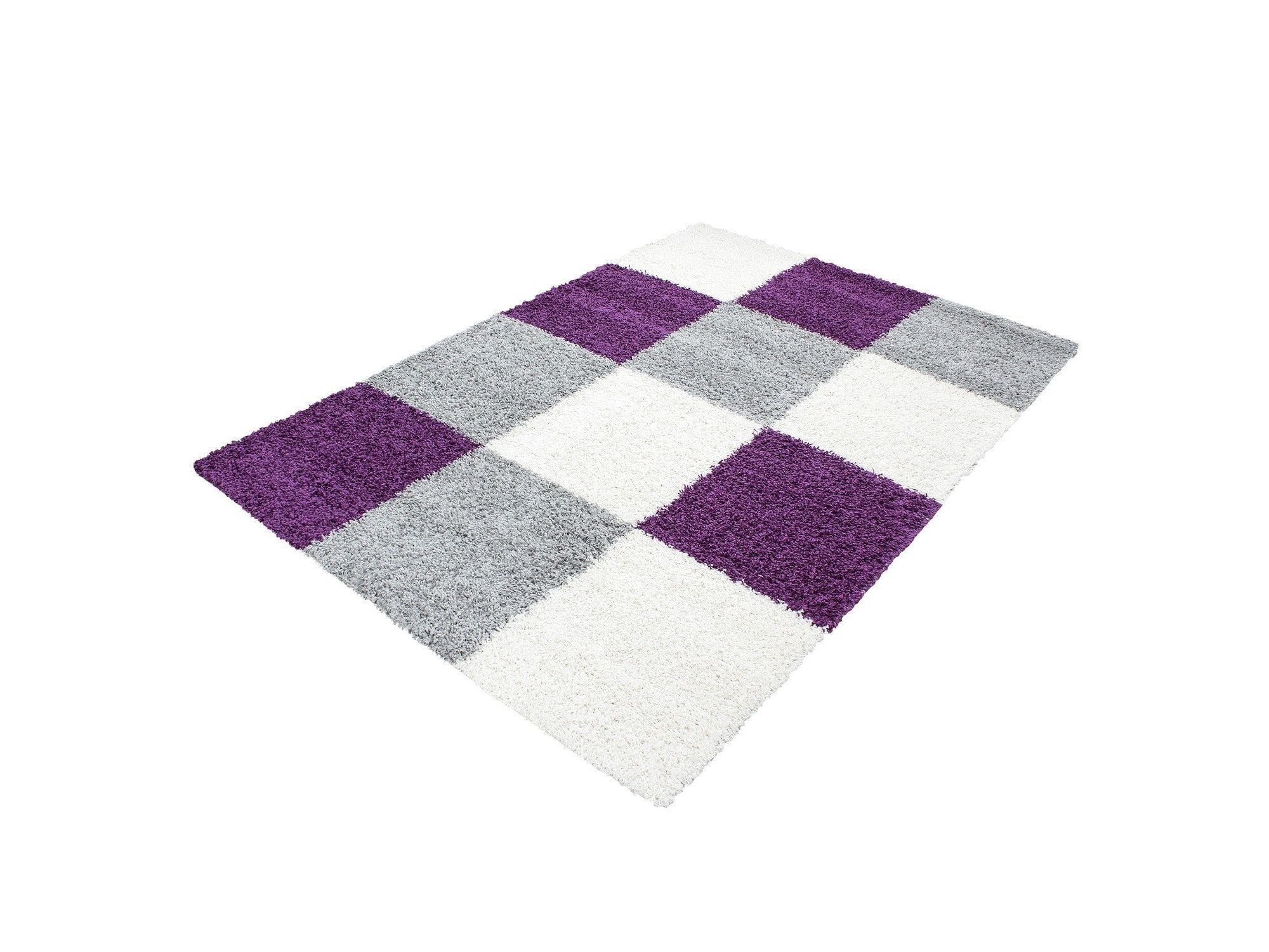 Teppich Hochflor Langflor günstig Wohnzimmer Shaggy kariert Lila Weiss Grau
