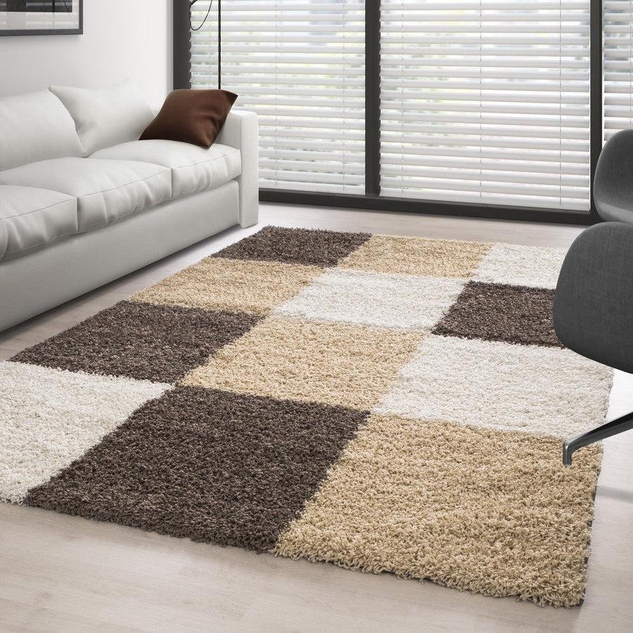 High-pile, long-pile rug for living room, affordable shaggy checkered brown white beige
