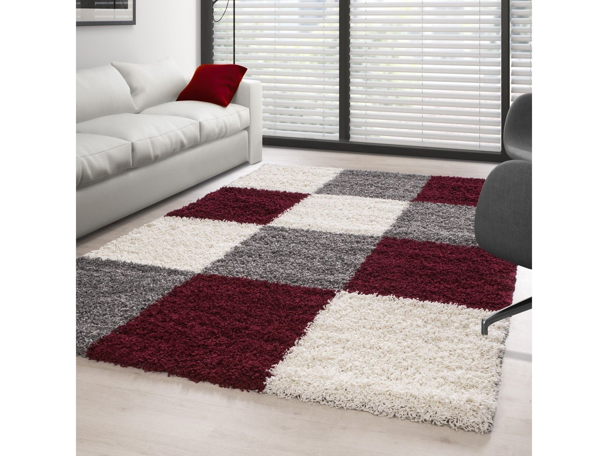 Hochflor Langflor Wohnzimmer Shaggy Teppich kariert Rot Weiss Grau