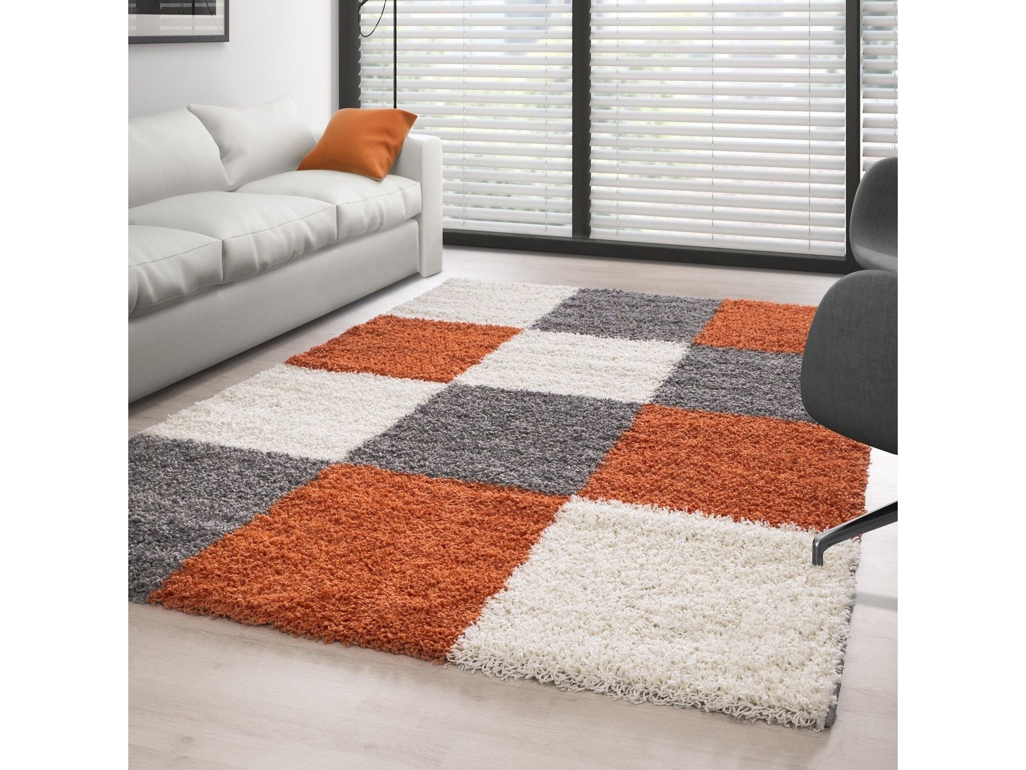 Hochflor Langflor Wohnzimmer Shaggy Teppich kariert Terrakotta Weiss Grau