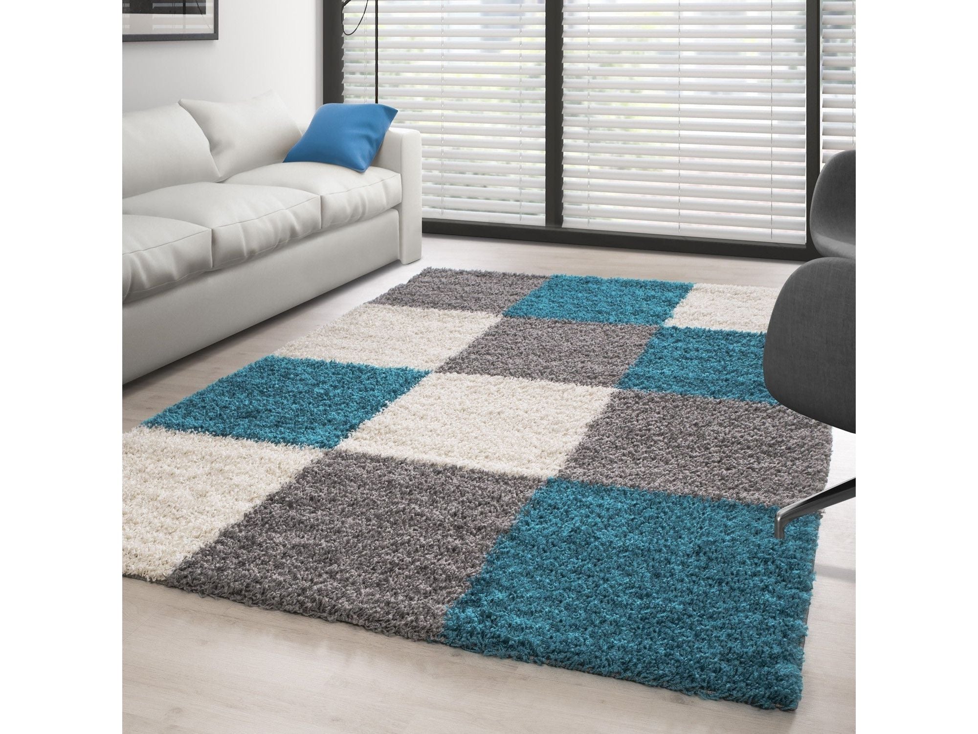 Hochflor Langflor Wohnzimmer Shaggy Teppich kariert Türkis Weiss Grau