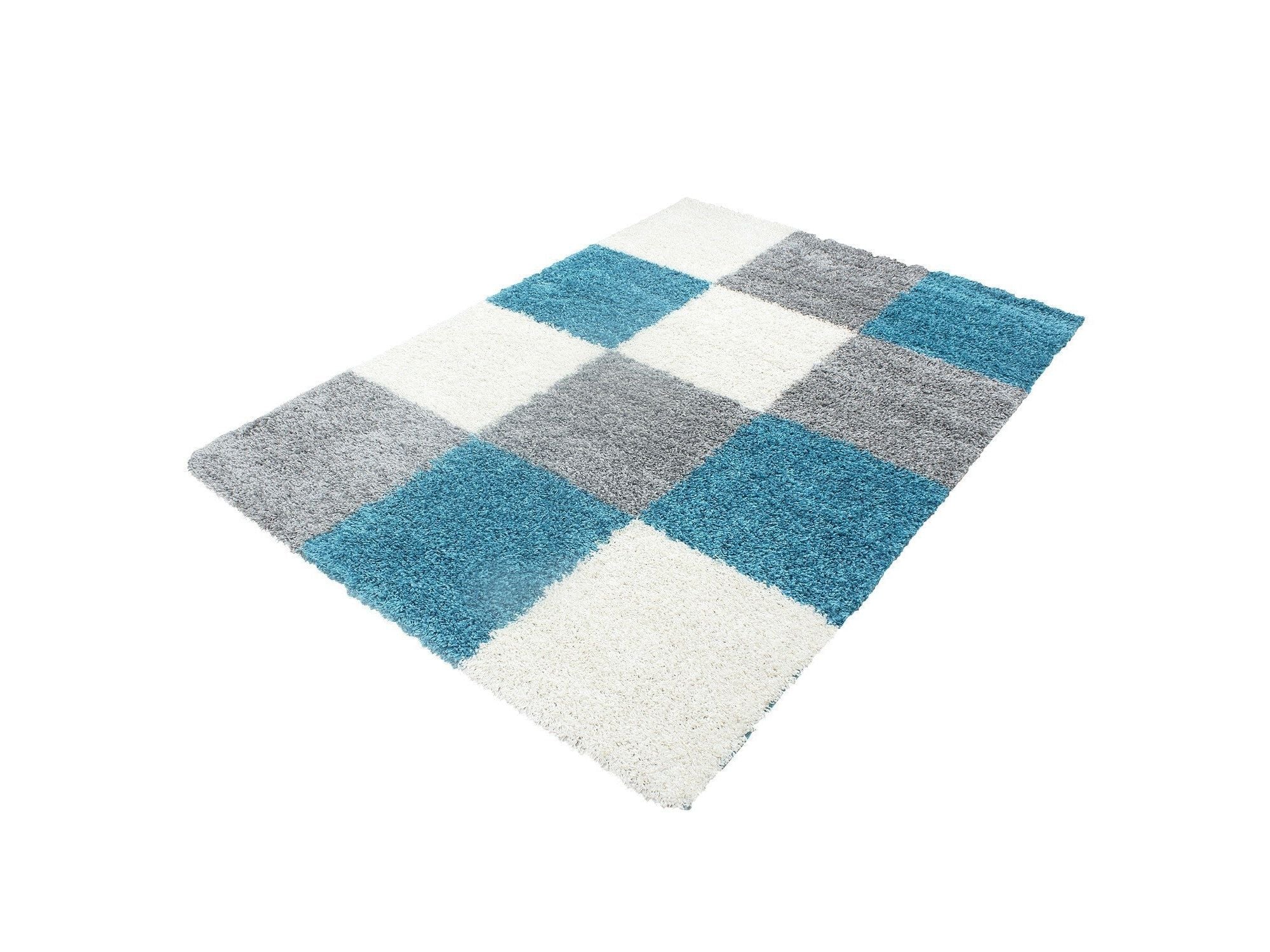 Hochflor Langflor Wohnzimmer Shaggy Teppich kariert Türkis Weiss Grau