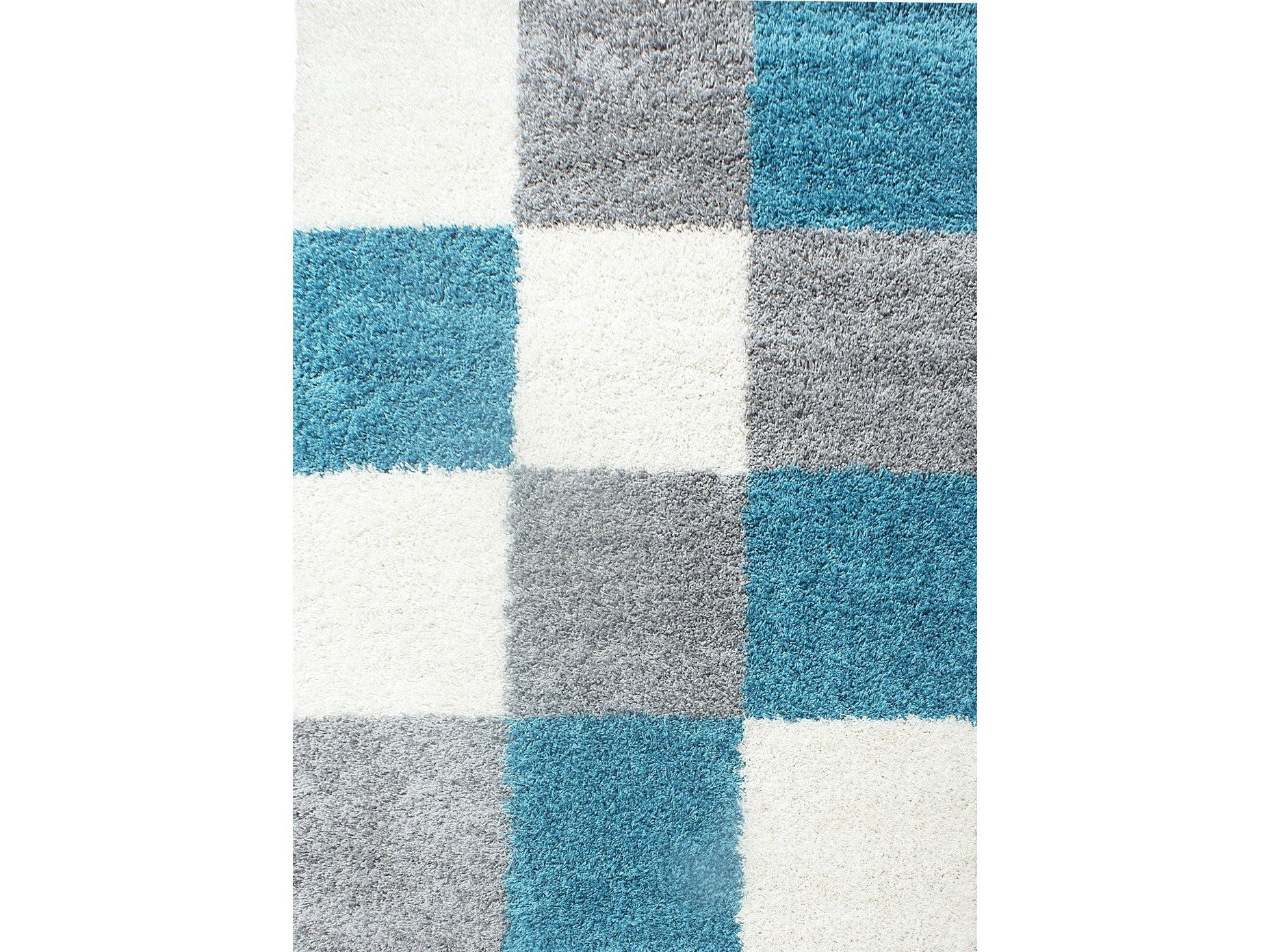Hochflor Langflor Wohnzimmer Shaggy Teppich kariert Türkis Weiss Grau