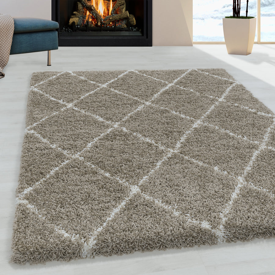 Hochflorteppiche, Geometrisch Design, Farbe Beige, Teppich für Wohnzimmer, Rücken aus Jute