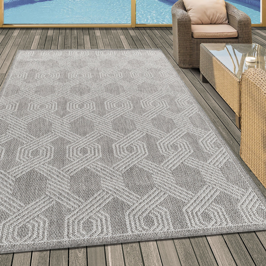 Outdoorteppiche, Geometrisch Design, Farbe Grau, Teppich für Terasse-Balkon-Küche, Rücken aus Polypropylen