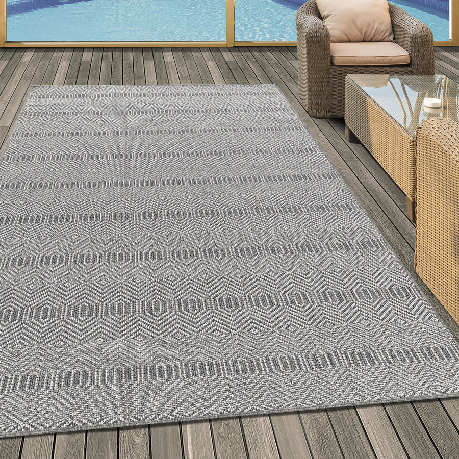 Outdoorteppiche, Boho-Design, Farbe Grau, Teppich für Terasse-Balkon-Küche, Rücken aus Polypropylen