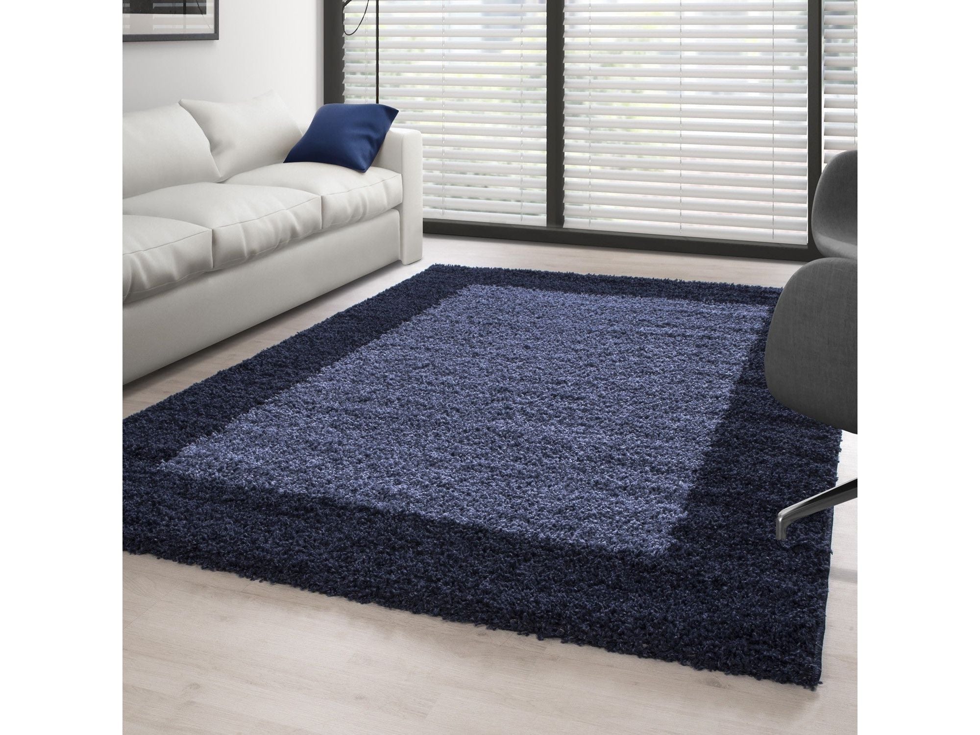 Hochflor Langflor Wohnzimmer Shaggy Teppich 2 Farbig Florhöhe 3cm Navy Blau