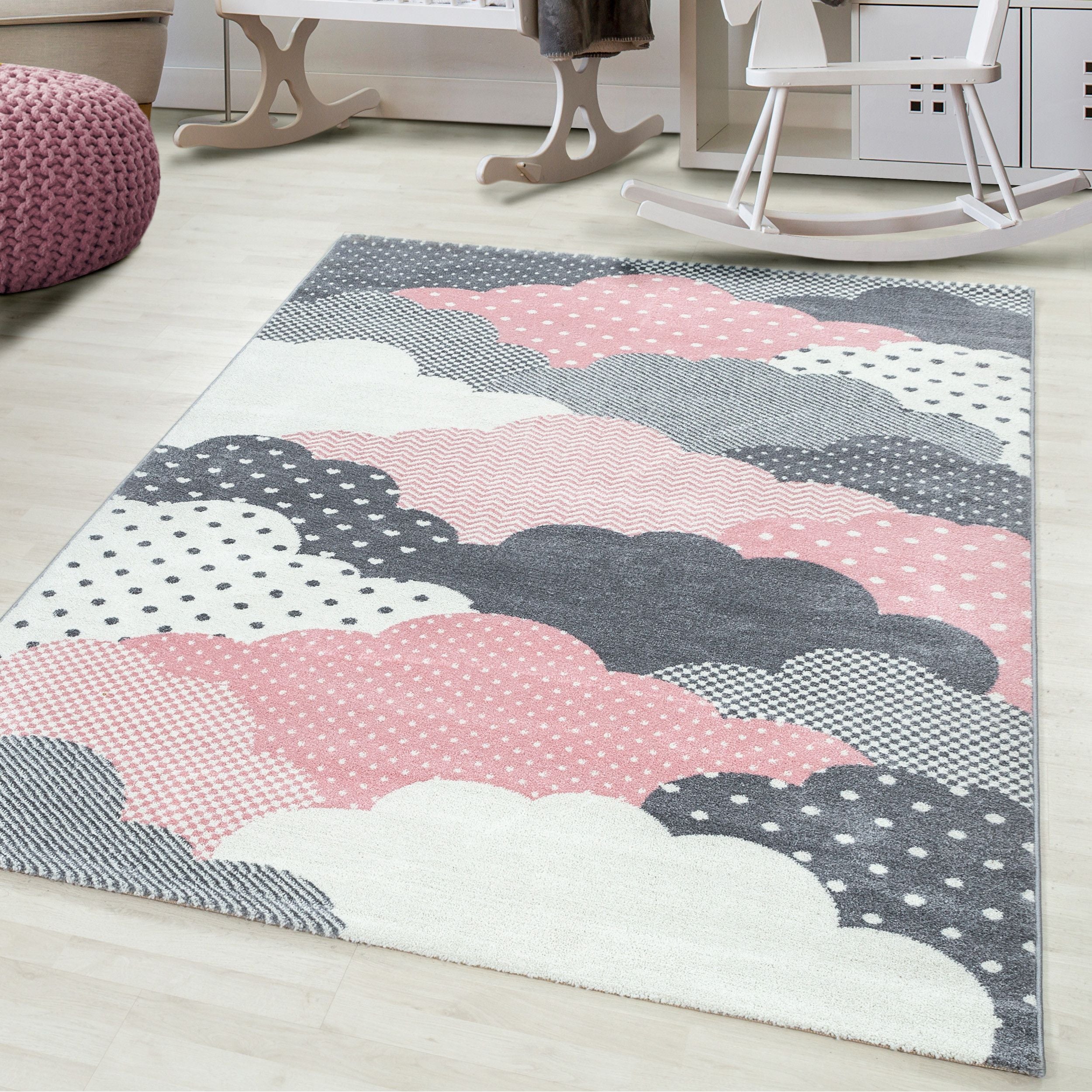Kinderteppiche, Wolken Design, Farbe Pink, Teppich für Kinderzimmer, Rücken aus Jute