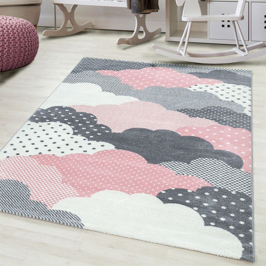 Kinderteppiche, Wolken Design, Farbe Pink, Teppich für Kinderzimmer, Rücken aus Jute