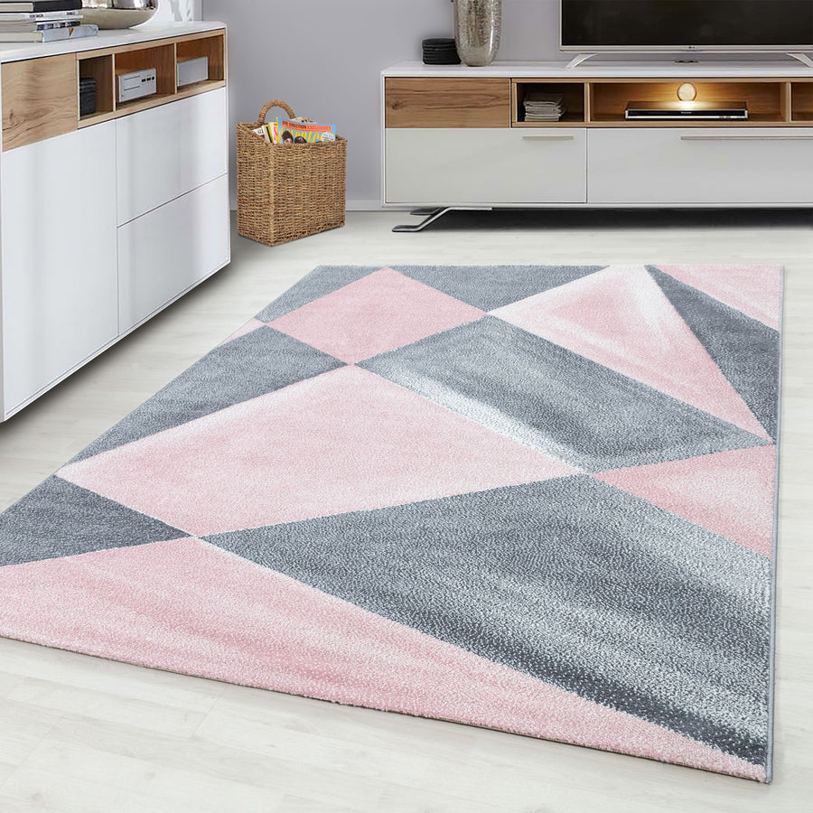 Kısa tüylü halılar, geometrik tasarım, pembe renk, oturma odası halısı, jüt arka yüzey