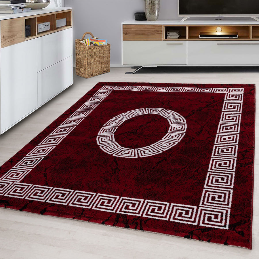 Plus Kurzflorteppich Rot – Mäander mit Mittelmotiv