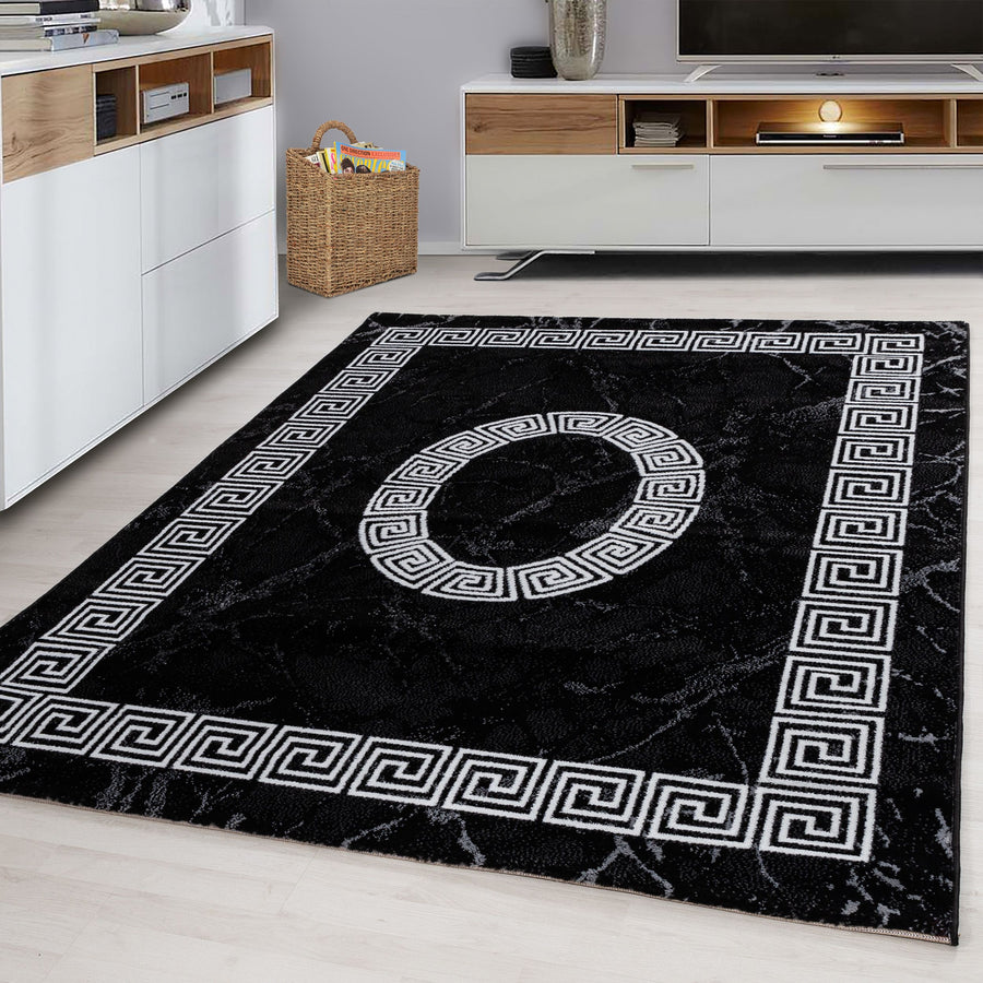Plus Kurzflorteppich Schwarz – Mäander mit Mittelmotiv