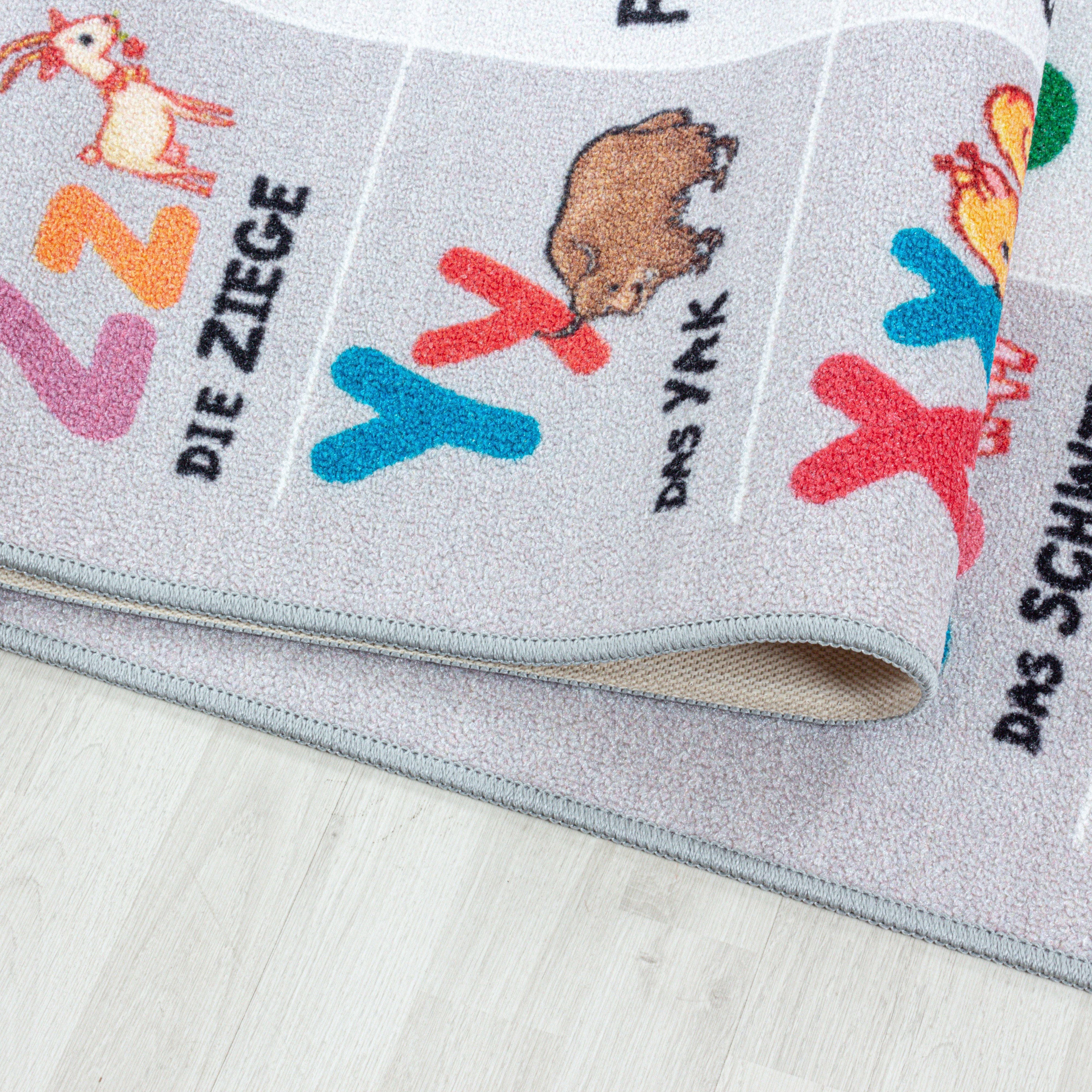 Kinderteppiche, Alphabet - Buchstaben - Zahlen - Tiere, Farbe Grau, Teppich für Kinderzimmer, Rücken aus Latex