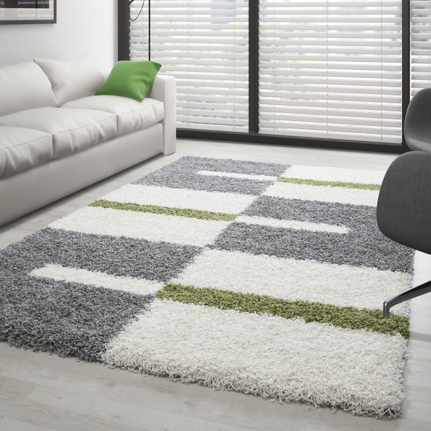 Hochflor Langflor Wohnzimmer Shaggy Teppich Florhöhe 3cm Grau-Weiss-Grün