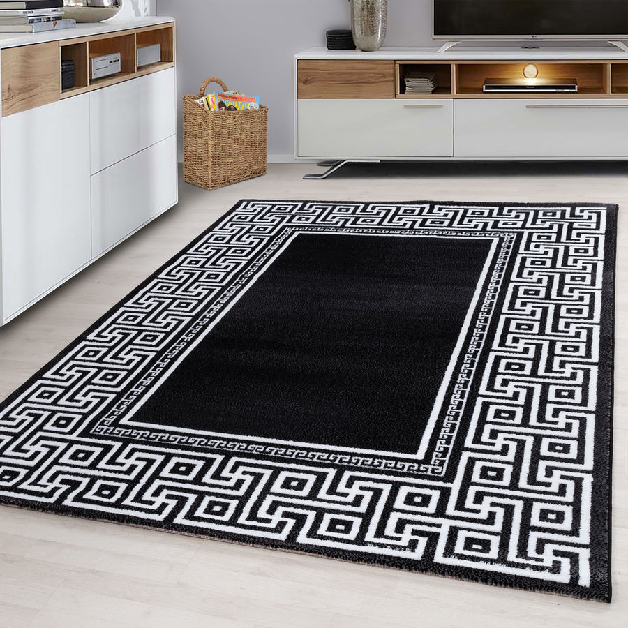 Parma Mäander Kurzflorteppich in Schwarz