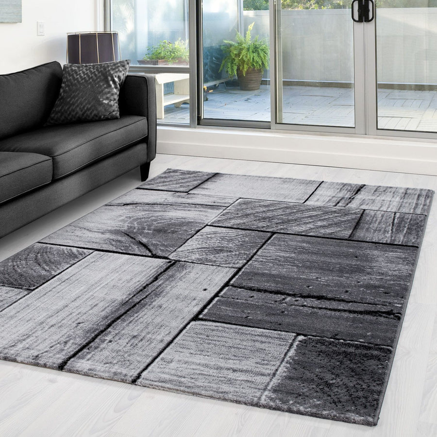 Kurzflorteppiche, 3D-Holzdesign, Farbe Schwarz, Teppich für Wohnzimmer, Rücken aus Jute