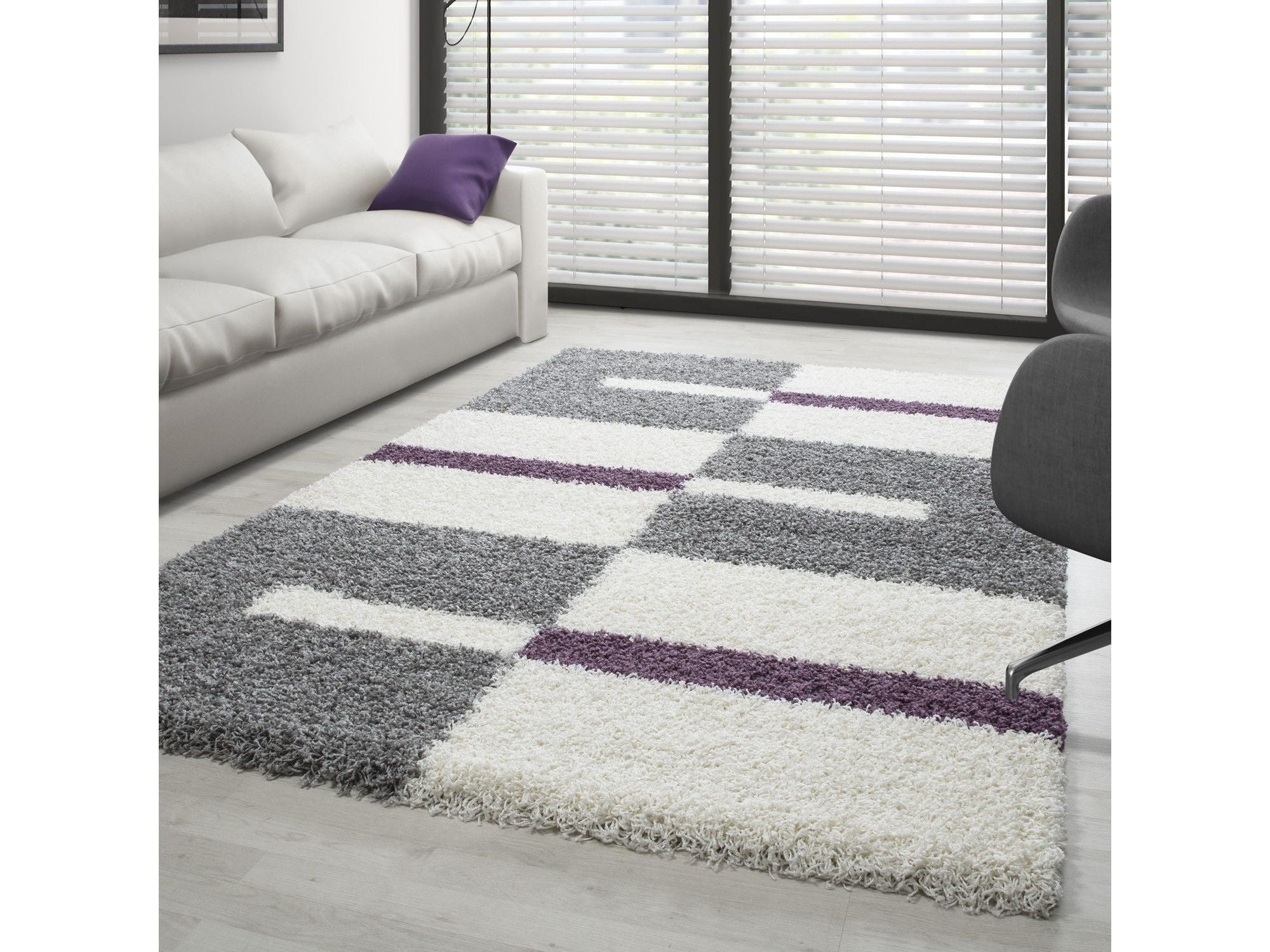 Hochflor Langflor Wohnzimmer Shaggy Teppich Florhöhe 3cm Grau-Weiss-Lila