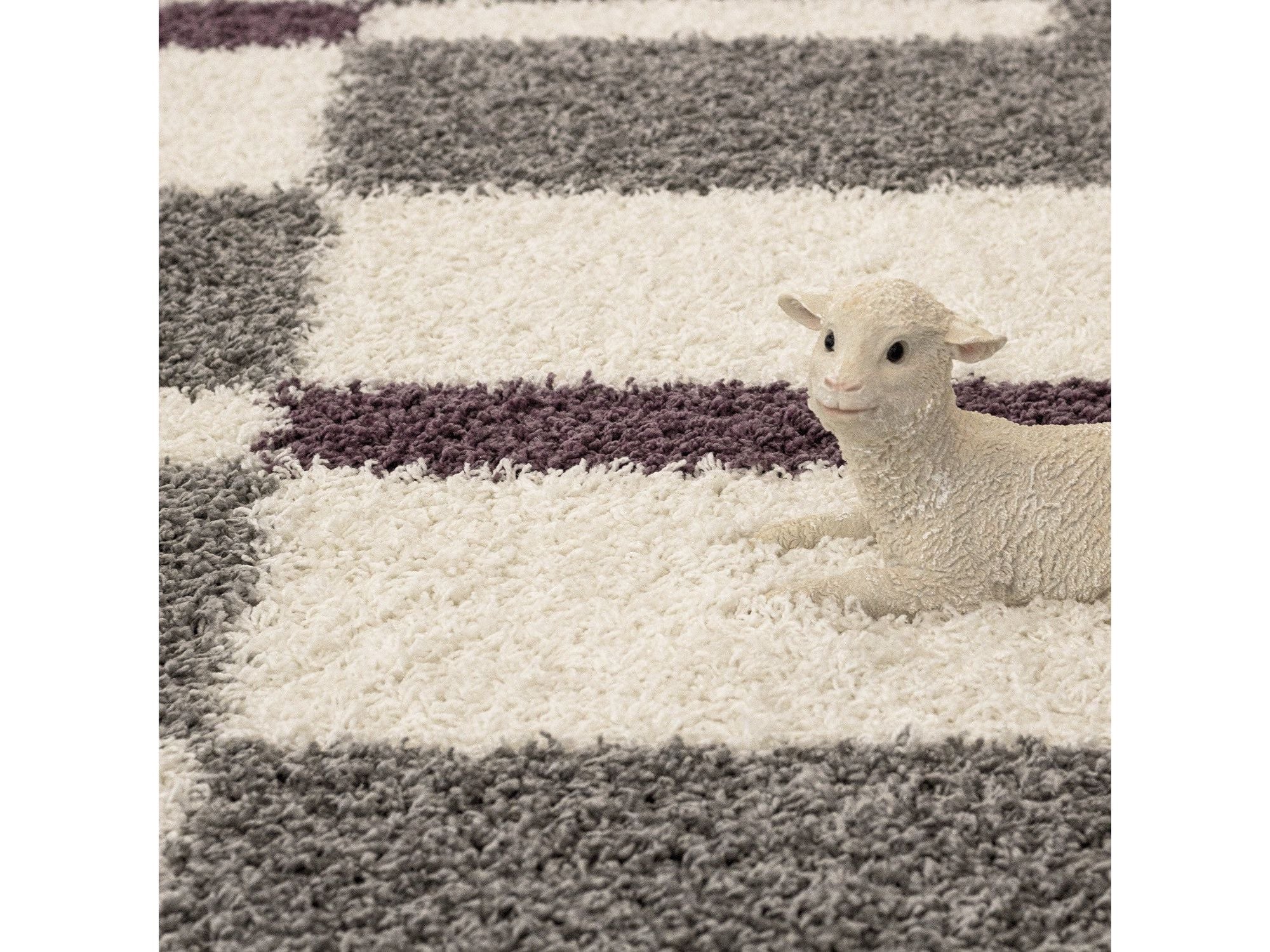 Hochflor Langflor Wohnzimmer Shaggy Teppich Florhöhe 3cm Grau-Weiss-Lila