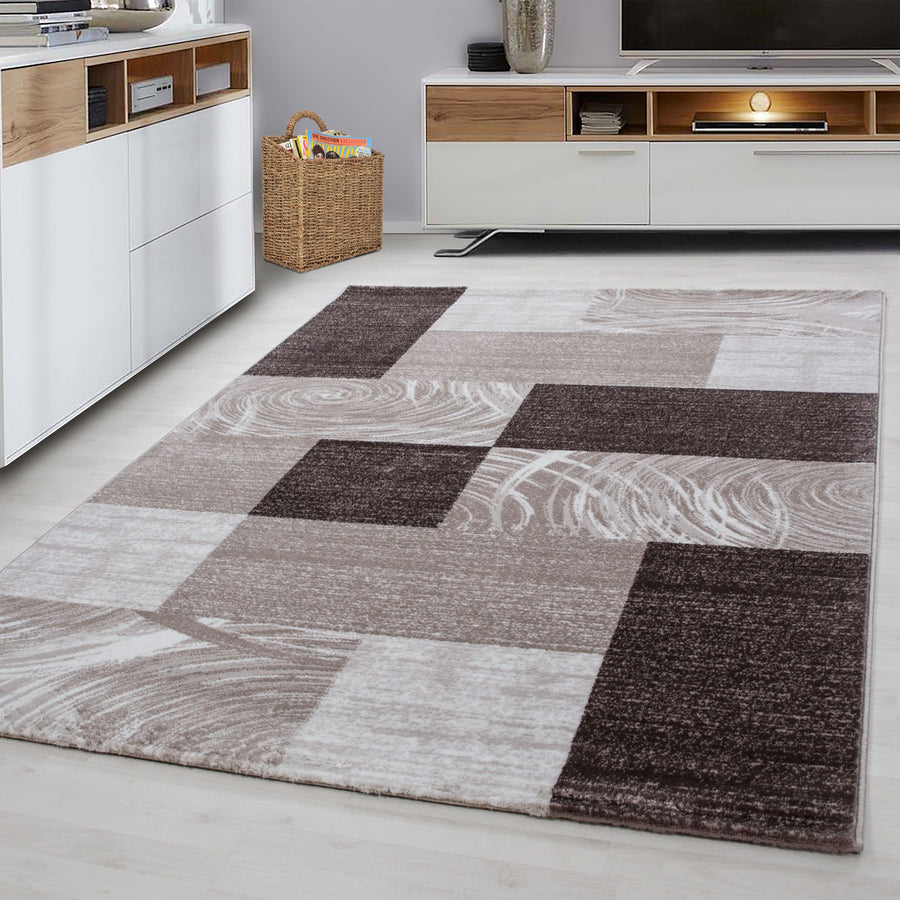 Kurzflorteppiche, Abstrakt Kariert Design, Farbe Braun, Teppich für Wohnzimmer, Rücken aus Jute