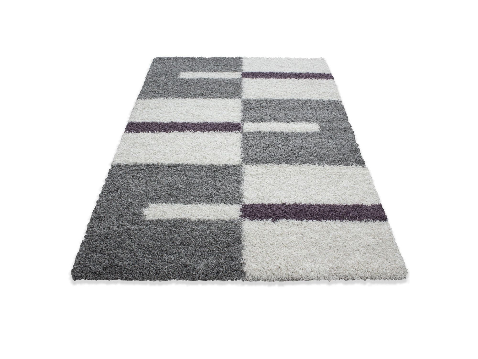 Hochflor Langflor Wohnzimmer Shaggy Teppich Florhöhe 3cm Grau-Weiss-Lila