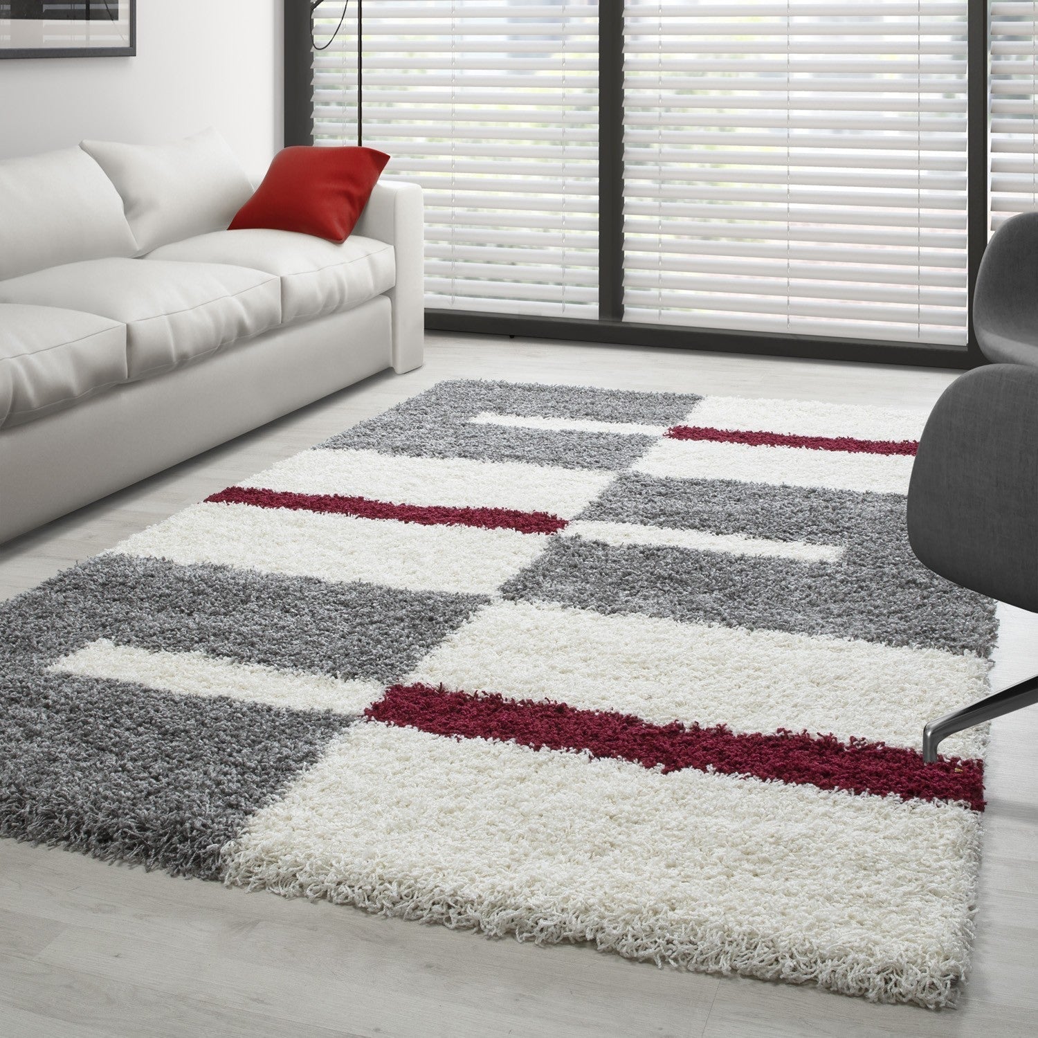 Hochflor Langflor Wohnzimmer Shaggy Teppich Florhöhe 3cm Grau-Weiss-Rot
