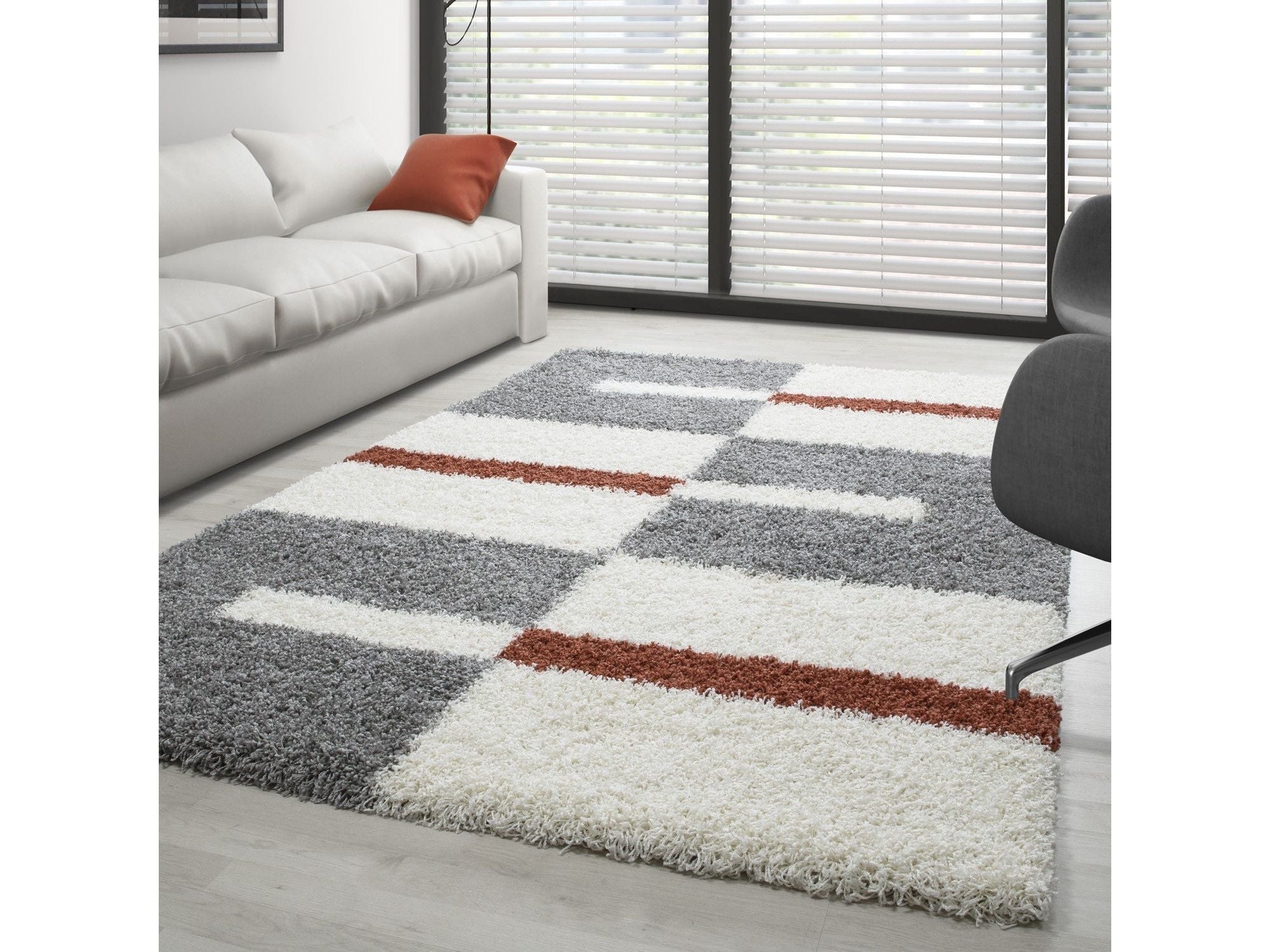 Hochflor Langflor Wohnzimmer Shaggy Teppich Florhöhe 3cm Grau-Weiss-Terrakotta