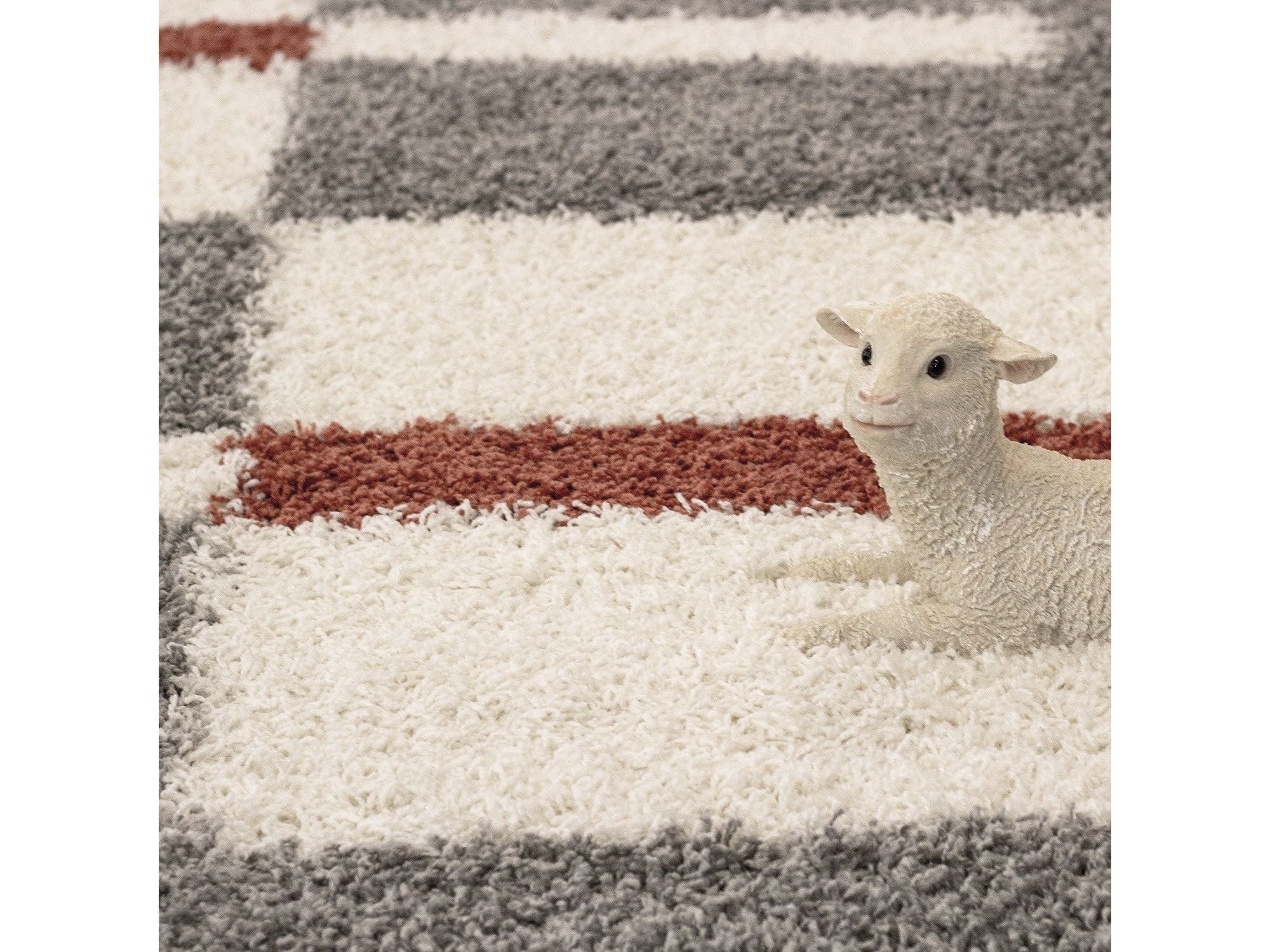 Hochflor Langflor Wohnzimmer Shaggy Teppich Florhöhe 3cm Grau-Weiss-Terrakotta