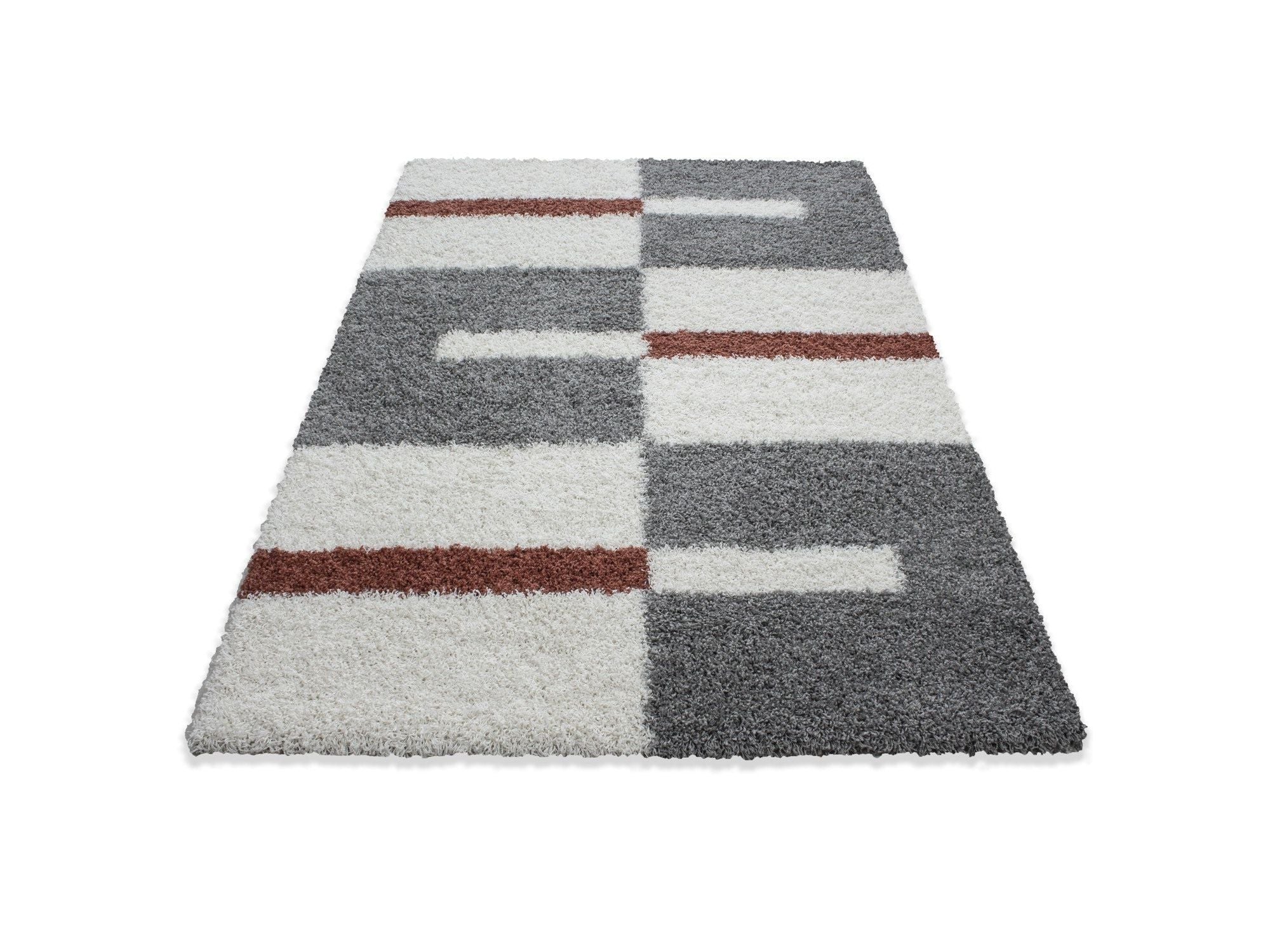 Hochflor Langflor Wohnzimmer Shaggy Teppich Florhöhe 3cm Grau-Weiss-Terrakotta