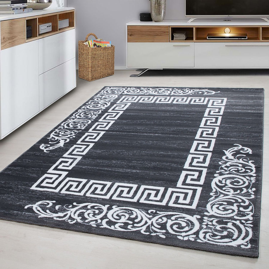 Kurzflorteppiche, Mäander-Design, Farbe Grau, Teppich für Wohnzimmer, Rücken aus Jute