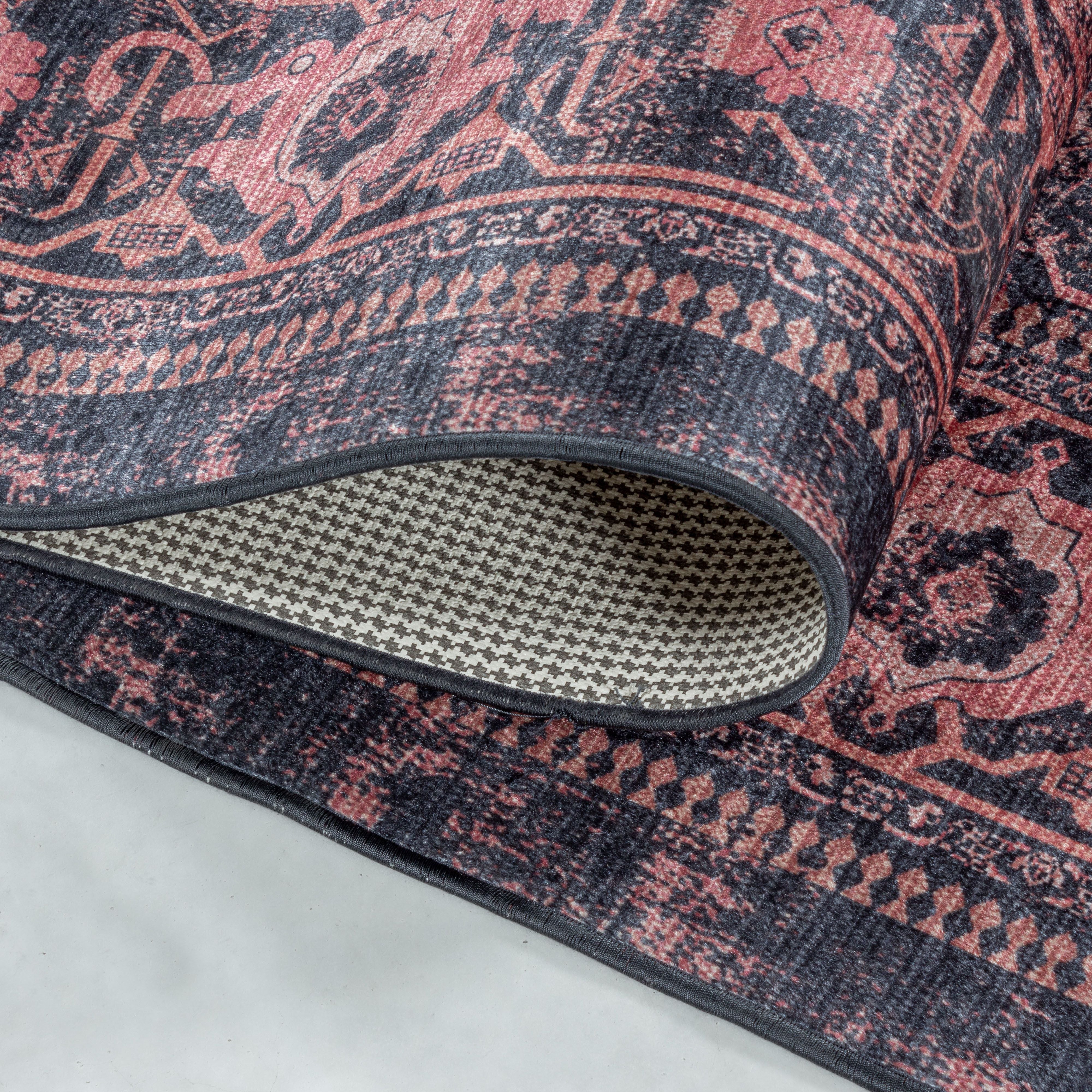 Waschbarer Teppich, Orientalisch Design, Farbe Rot, Teppich für Wohnzimmer, Rücken aus Canvas