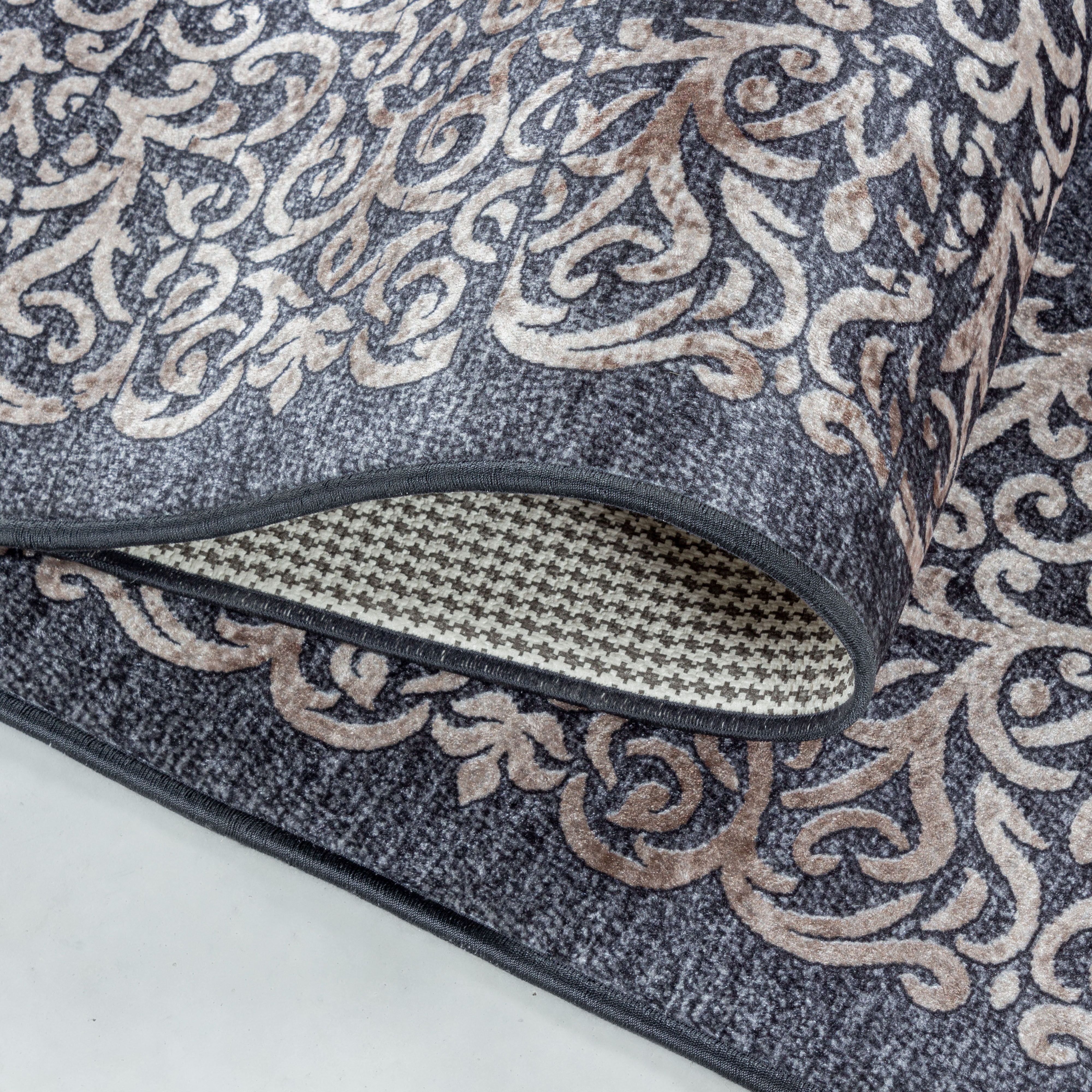 Waschbarer Teppich, Barock Design, Farbe Schwarz, Teppich für Wohnzimmer, Rücken aus Canvas