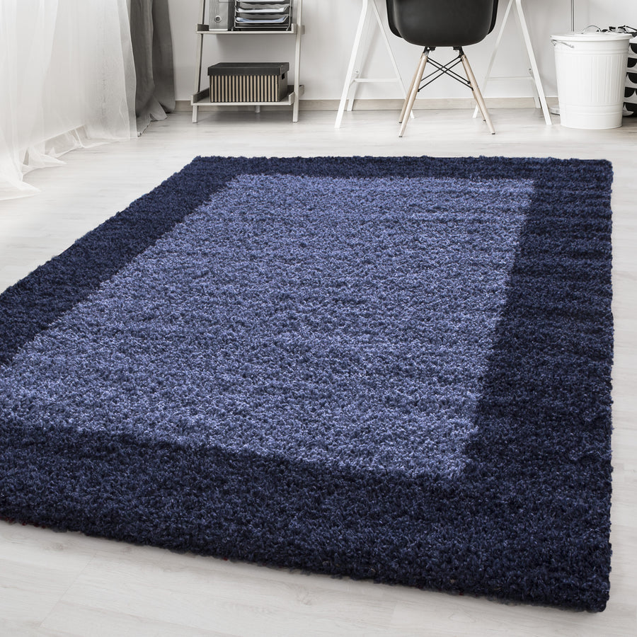 Hochflorteppiche, Bordüre Design, Farbe Marineblau, Teppich für Wohnzimmer, Rücken aus Jute