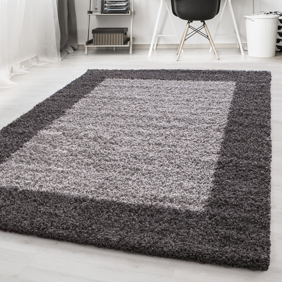 Hochflorteppiche, Bordüre Design, Farbe Grau, Teppich für Wohnzimmer, Rücken aus Jute