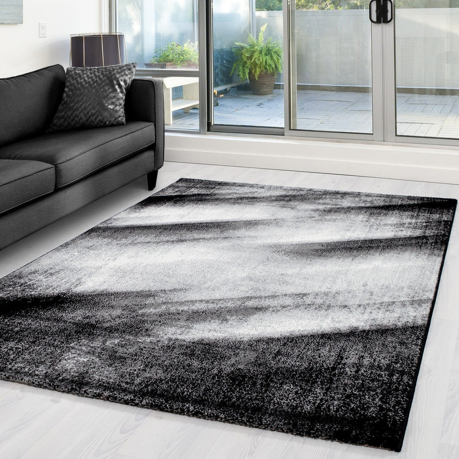 Modern Designer Rug, Abstract Wave Pattern, Mottled Black, Grey, White