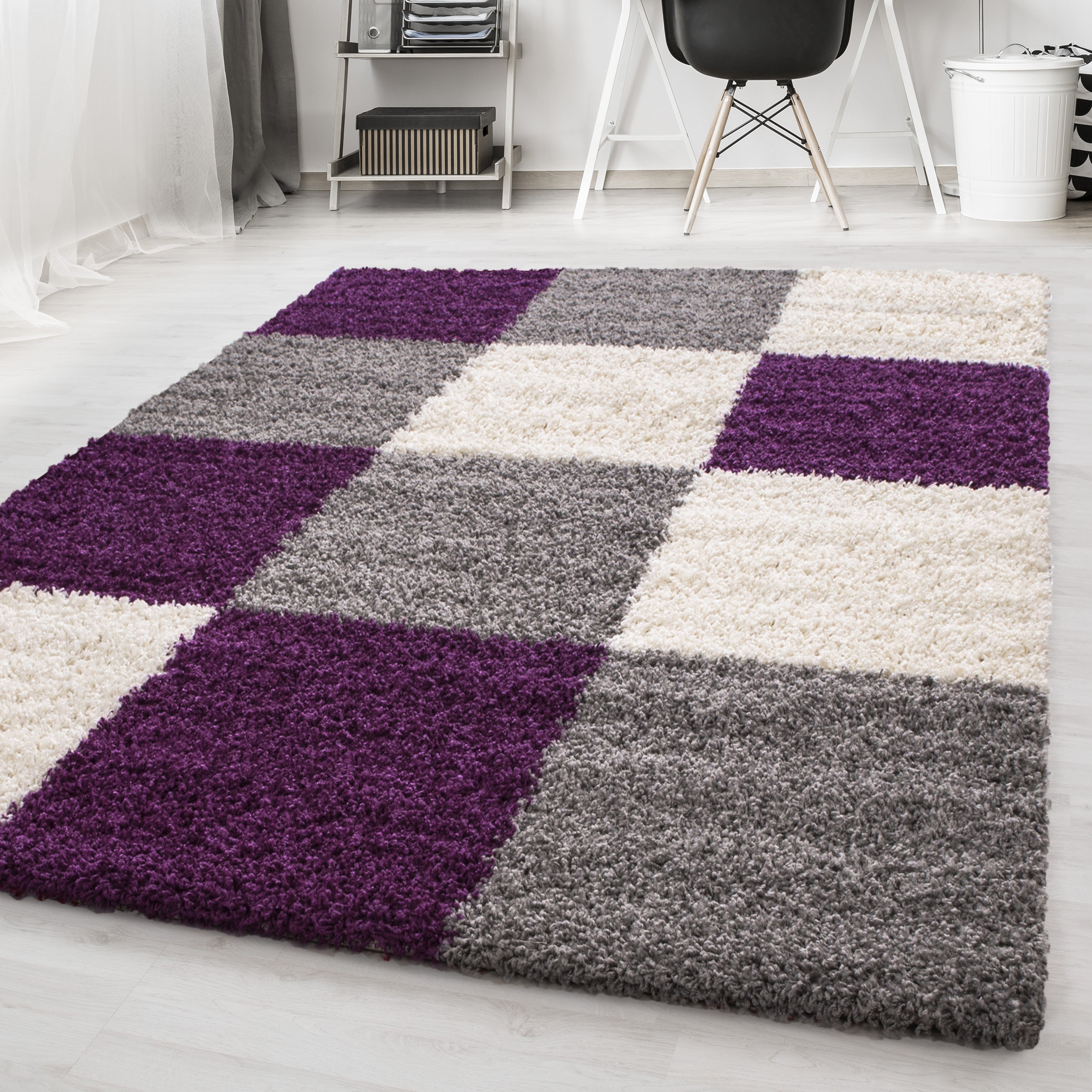 Hochflorteppiche, Kariert Design, Farbe Violett, Teppich für Wohnzimmer, Rücken aus Jute