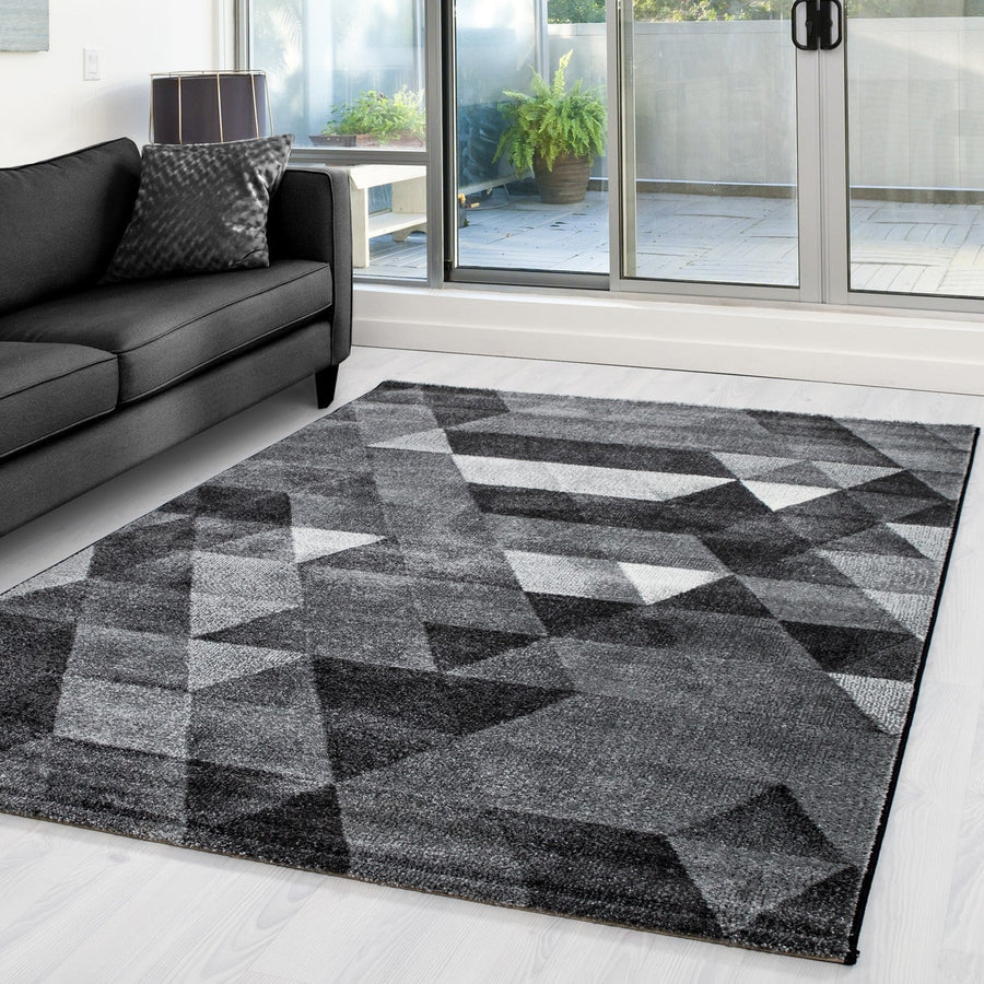 Modern Designer Rug with Geometric Triangle Pattern, Mottled Black, Grey, and White