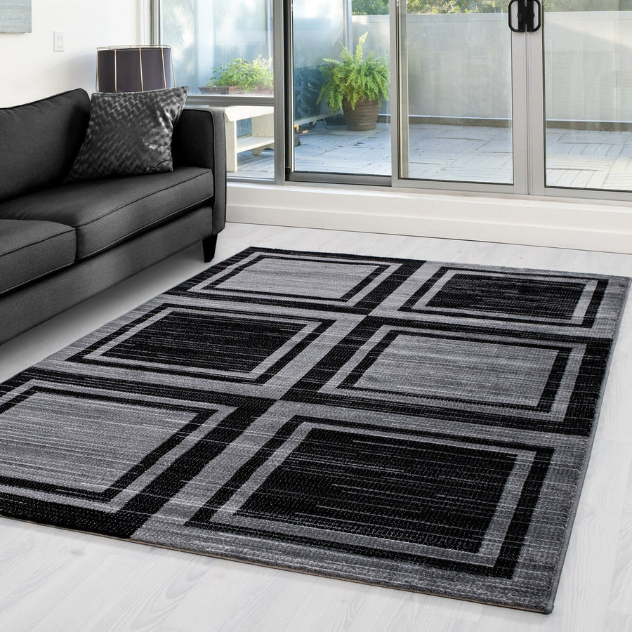 Blok desenli modern tasarım oturma odası halısı PARMA 9270 siyah-gri