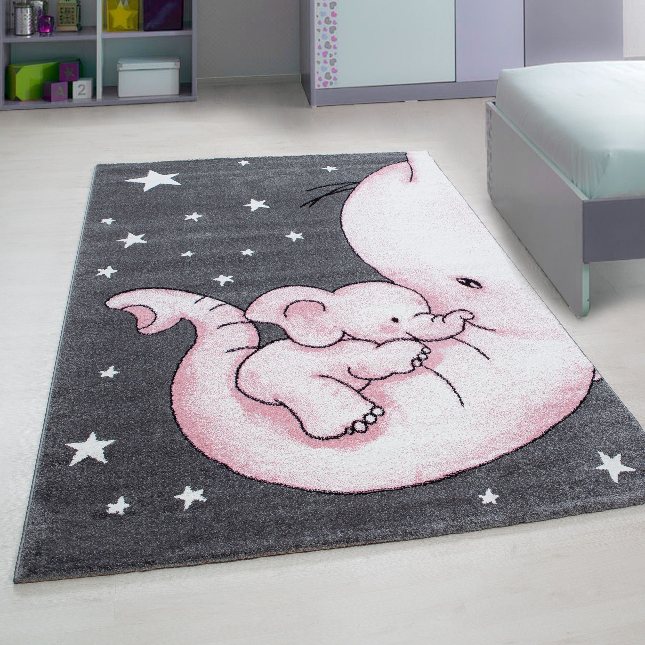 Kinderteppiche, Elefant-Design, Farbe Pink, Teppich für Kinderzimmer, Rücken aus Jute