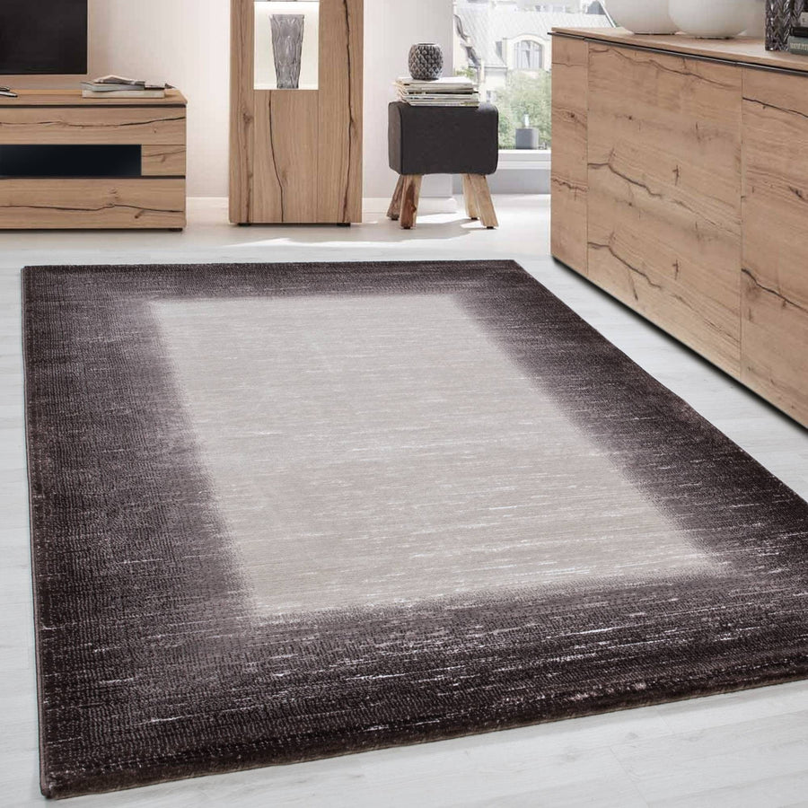 Modern designer rug for living room with border pattern, mottled brown, beige, and cream