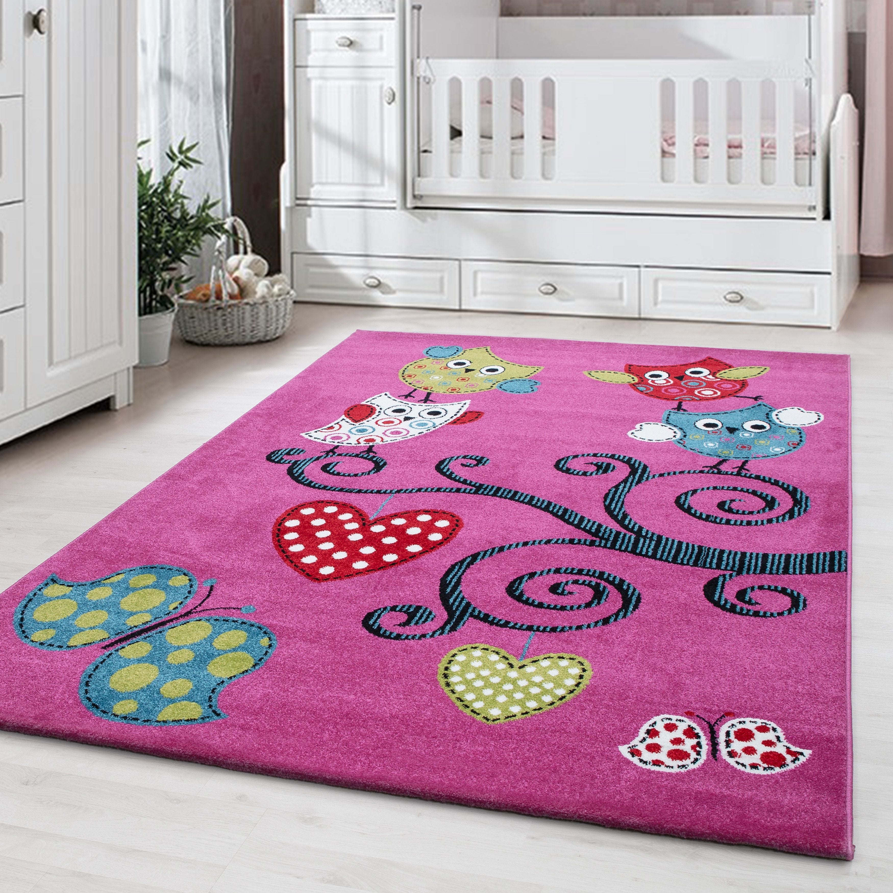 Kinderteppiche, Eulen-Design, Farbe Violett, Teppich für Kinderzimmer, Rücken aus Jute